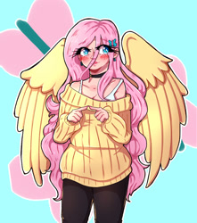 Size: 1597x1806 | Tagged: safe, artist:mylittleyuri, imported from derpibooru, fluttershy, human, blushing, bra, bra strap, choker, clothes, cute, denim, ear piercing, earring, female, humanized, jeans, jewelry, pants, piercing, shyabetes, solo, sweater, sweatershy, underwear, winged humanization, wings