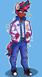 Size: 1335x2445 | Tagged: safe, artist:mylittleyuri, imported from derpibooru, zipp storm, human, adorazipp, belt, bisexual pride flag, clothes, converse, cute, dark skin, ear piercing, eared humanization, earring, female, g5, humanized, jacket, jeans, jewelry, pants, piercing, pride, pride flag, ripped jeans, ripped pants, shirt, shoes, solo, t-shirt, tail, tailed humanization, torn clothes, trans female, trans zipp, transgender, transgender pride flag