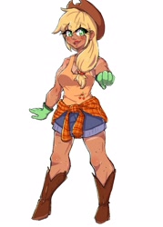 Size: 1750x2450 | Tagged: safe, artist:mylittleyuri, imported from derpibooru, applejack, human, equestria girls, applejack's hat, boots, clothes, cowboy boots, cowboy hat, denim, denim shorts, female, flannel, freckles, gloves, hat, humanized, open mouth, pointing, pointing at you, shoes, shorts, simple background, solo, tan lines, tanktop, tanned, white background