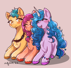 Size: 772x734 | Tagged: safe, artist:mylittleyuri, imported from derpibooru, hitch trailblazer, izzy moonbow, sunny starscout, earth pony, pony, unicorn, belt, blushing, chest fluff, cute, eyes closed, female, g5, hitchbetes, izzybetes, male, mare, markings, open mouth, sitting, stallion, sunnybetes, trio, unshorn fetlocks