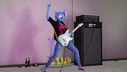 Size: 3840x2160 | Tagged: safe, artist:coolc, imported from derpibooru, trixie, anthro, 3d, amplifier, beer bottle, bottle, breasts, cable, electric guitar, female, fender stratocaster, guitar, guitar amp, guitar cabinet, musical instrument, skateboard, solo, source filmmaker, stratocaster