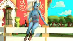 Size: 3840x2160 | Tagged: safe, artist:coolc, imported from derpibooru, trixie, anthro, 3d, belly button, breasts, female, fence, midriff, solo, source filmmaker