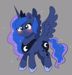 Size: 2732x2876 | Tagged: safe, artist:leo19969525, imported from derpibooru, princess luna, alicorn, pony, blushing, crown, cute, cyan eyes, female, flying, gray background, horn, jewelry, lunabetes, mane, mare, regalia, simple background, solo, spread wings, tail, wings