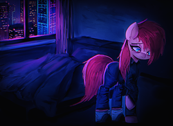 Size: 2337x1702 | Tagged: safe, artist:menalia, imported from derpibooru, pinkie pie, cyborg, cyborg pony, earth pony, pony, alternate hairstyle, alternate universe, bed, blanket, city, clothes, curtains, cyberpunk, depressed, female, mare, night, pants, pillow, pinkamena diane pie, room, sad, shirt, slippers, socks, solo