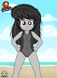 Size: 1920x2600 | Tagged: safe, artist:theminus, imported from derpibooru, octavia melody, human, equestria girls, beach, clothes, female, hand on hip, one-piece swimsuit, show accurate, solo, swimsuit, younger