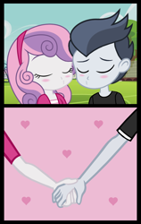Size: 1096x1729 | Tagged: safe, artist:lunaticdawn, imported from derpibooru, rumble, sweetie belle, human, equestria girls, blushing, equestria girls-ified, eyes closed, female, holding hands, imminent kissing, male, rumbelle, shipping, straight