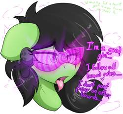 Size: 2904x2688 | Tagged: safe, artist:czu, imported from derpibooru, oc, oc only, oc:filly anon, earth pony, pony, ahegao, blushing, brainwashing, drool, earbuds, faget, female, filly, hypnogear, hypnosis, hypnotized, open mouth, solo, sweat, tongue out, visor