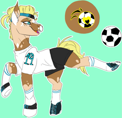 Size: 841x807 | Tagged: safe, artist:bluemoondiadoom, imported from derpibooru, oc, oc:trick-shot, earth pony, pony, blue background, clothes, female, football, headband, mare, markings, open mouth, raised hoof, raised leg, shirt, shoes, shorts, simple background, socks, solo, sports, sports shorts, sweatband, t-shirt