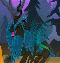 Size: 684x724 | Tagged: safe, imported from derpibooru, screencap, queen chrysalis, changeling, changeling queen, frenemies (episode), cropped, eyes closed, female, laughing, sitting, solo