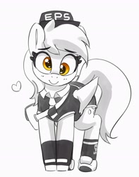 Size: 2471x3136 | Tagged: safe, artist:pabbley, imported from derpibooru, derpy hooves, pegasus, pony, cap, clothes, cute, hat, heart, mailmare, necktie, partial color, satchel, simple background, smiling, socks, solo, uniform, white background