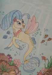 Size: 838x1214 | Tagged: safe, artist:iistarshineii, imported from derpibooru, princess skystar, fish, seapony (g4), my little pony: the movie, blue mane, bubble, crepuscular rays, cute, dorsal fin, female, fin wings, fins, fish tail, flower, flower in hair, flowing tail, freckles, jewelry, looking up, necklace, ocean, open mouth, open smile, pearl necklace, seaweed, smiling, solo, sunlight, swimming, tail, traditional art, underwater, water, wings