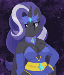 Size: 1714x2000 | Tagged: safe, artist:modularpon, imported from derpibooru, nightmare rarity, anthro, unicorn, animated, belly button, big breasts, breasts, busty nightmare rarity, cleavage, clothes, detached sleeves, female, gif, grin, hair over one eye, hand on hip, laughing, lidded eyes, looking at you, sharp teeth, smiling, smiling at you, solo, teeth