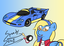 Size: 3509x2550 | Tagged: safe, artist:sparkfler85, derpibooru exclusive, imported from derpibooru, oc, oc only, oc:speedy strat, pegasus, pony, car, clothes, cutie mark, female, glasses, gradient background, jacket, koenig, koenig c62, pegasus oc, shirt, solo, vehicle, wings