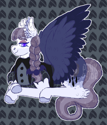 Size: 1700x2000 | Tagged: safe, artist:punkpride, imported from twibooru, inky rose, pegasus, pony, alternate design, braid, clothes, coat markings, colored hooves, feathered ears, female, gray background, image, looking at you, lying down, mare, png, simple background, smiling, solo, two toned wings, wings