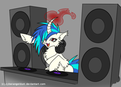Size: 682x490 | Tagged: safe, artist:mechanakal, imported from derpibooru, dj pon-3, vinyl scratch, pony, unicorn, chest fluff, curved horn, fluffy, gray background, hair over one eye, headphones, horn, magic, magic aura, open mouth, open smile, raised hoof, record, red eyes, signature, simple background, smiling, solo, speaker, spiky mane, turntable, unshorn fetlocks