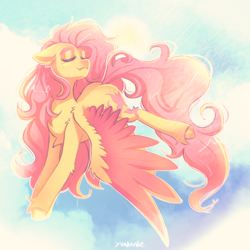 Size: 3500x3500 | Tagged: safe, artist:yumkandie, imported from derpibooru, fluttershy, pegasus, pony, alternate design, chest fluff, cloud, colored wings, cute, cute little fangs, ear fluff, eyes closed, fangs, female, floppy ears, flying, freckles, mare, rain, shyabetes, smiling, solo, spread wings, two toned wings, unshorn fetlocks, wings