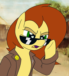 Size: 1810x1988 | Tagged: safe, artist:legendoflink, imported from derpibooru, oc, oc only, oc:postal mare, earth pony, pony, clothes, coat, earth pony oc, female, frown, heart, heart eyes, mare, meme, open mouth, pins, postal, postal 2, raised hoof, redraw, solo, squint, sunglasses, trenchcoat, wingding eyes