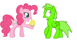 Size: 1648x896 | Tagged: safe, artist:poppyraps, imported from derpibooru, pinkie pie, oc, oc:filbert, earth pony, pegasus, pony, cupcake, female, food, implied cupcakes, male, mare, scared, shocked, simple background, smiling, stallion, sweat, white background, wings