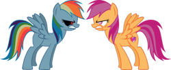 Size: 1024x420 | Tagged: safe, artist:lostoneslullaby, imported from derpibooru, rainbow dash, scootaloo, pegasus, pony, fanfic:pegasus device, angry, colored pupils, female, gritted teeth, mare, multicolored hair, older, older scootaloo, rainbow hair, simple background, spread wings, teeth, the cmc's cutie marks, transparent background, wings, zalgo