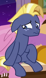 Size: 419x708 | Tagged: safe, imported from derpibooru, screencap, star tracker, earth pony, pony, once upon a zeppelin, cropped, cute, floppy ears, nervous, sitting, solo, trackerbetes