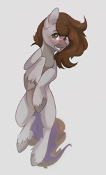 Size: 1314x2160 | Tagged: safe, artist:lissa_lim, imported from derpibooru, oc, oc only, oc:cj vampire, earth pony, pony, blushing, brown mane, brown tail, green eyes, heterochromia, jumping, looking at you, smiling, smiling at you, solo, tail