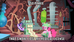 Size: 1066x600 | Tagged: safe, edit, edited screencap, editor:twi clown, imported from derpibooru, screencap, pinkie pie, twilight sparkle, earth pony, pony, unicorn, feeling pinkie keen, caption, duo, female, image macro, mad scientist, mare, reference, team fortress 2, text, twi medic, twilight's lab, unicorn twilight