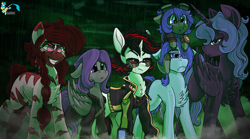 Size: 3985x2223 | Tagged: safe, artist:brainiac, imported from derpibooru, oc, oc only, oc:blackjack, oc:lacunae, oc:morning glory (project horizons), oc:p-21, oc:rampage, oc:scotch tape, alicorn, earth pony, pegasus, pony, unicorn, fallout equestria, fallout equestria: project horizons, alicorn oc, fanfic art, female, horn, male, mare, small horn, stallion, wings