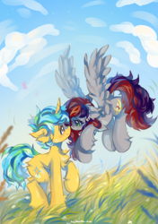Size: 3226x4574 | Tagged: safe, artist:vanilla-chan, imported from derpibooru, oc, oc only, oc:sunrise sentry, pegasus, pony, unicorn, duo, female, flying, freckles, jewelry, male, mare, necklace, nose to nose, pearl necklace, shipping, stallion, straight