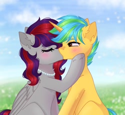 Size: 1271x1172 | Tagged: safe, artist:freyamilk, imported from derpibooru, oc, oc only, oc:sunrise sentry, pegasus, pony, unicorn, blushing, eyes closed, female, freckles, jewelry, kiss on the lips, kissing, male, mare, necklace, pearl necklace, shipping, stallion, straight