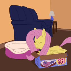 Size: 2160x2160 | Tagged: safe, artist:callichrome, imported from derpibooru, fluttershy, pegasus, pony, behaving like a cat, bell, bell collar, box, collar, couch, cute, flutterbox, folded wings, if i fits i sits, pet bed, pony in a box, pony pet, smiling, solo, wings