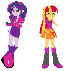 Size: 532x592 | Tagged: safe, artist:kittyp27, imported from derpibooru, sunset shimmer, twilight sparkle, human, equestria girls, boots, clothes, clothes swap, high heel boots, jacket, palette swap, recolor, shirt, shoes, simple background, skirt, solo, white background