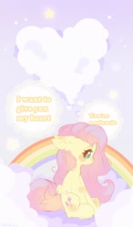 Size: 1195x2048 | Tagged: safe, artist:vanilla-chan, imported from derpibooru, fluttershy, pegasus, pony, cloud, cute, heart, rainbow, shyabetes, solo