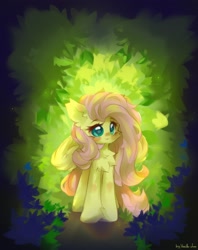Size: 1711x2160 | Tagged: safe, artist:vanilla-chan, imported from derpibooru, fluttershy, pegasus, pony, blushing, bush, chest fluff, cute, female, front view, full body, leaves, mare, partially open wings, shyabetes, solo, wings