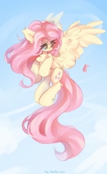 Size: 1259x2048 | Tagged: safe, artist:vanilla-chan, imported from derpibooru, fluttershy, butterfly, pegasus, pony, chest fluff, cute, shyabetes, solo