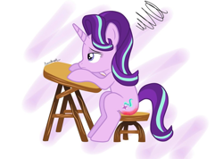 Size: 1024x728 | Tagged: safe, imported from derpibooru, starlight glimmer, pony, unicorn, desk, detention, female, implied spanking, mare, reddened butt, simple background, sitting, solo, spank mark, spanked, stool, white background