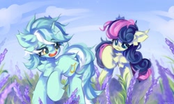 Size: 2048x1229 | Tagged: safe, artist:vanilla-chan, imported from derpibooru, bon bon, lyra heartstrings, sweetie drops, earth pony, pony, unicorn, adorabon, chest fluff, cute, duo, ear fluff, female, field, flower, happy, looking at each other, looking at someone, lyrabetes, mare, open mouth, open smile, raised hoof, smiling