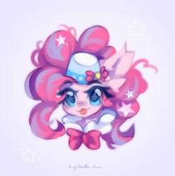 Size: 2028x2048 | Tagged: safe, artist:vanilla-chan, imported from derpibooru, pinkie pie, earth pony, :3, :p, bow, bust, ear fluff, hat, solo, starry eyes, tongue out, wingding eyes