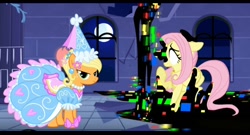 Size: 1320x714 | Tagged: safe, imported from derpibooru, applejack, fluttershy, earth pony, pegasus, pony, castle of the royal pony sisters, clothes, confident, dress, friday night funkin', froufrou glittery lacy outfit, pibby, princess, princess applejack, triple trouble, worried