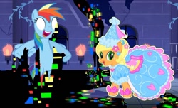 Size: 720x439 | Tagged: safe, imported from derpibooru, applejack, rainbow dash, earth pony, pegasus, pony, castle of the royal pony sisters, clothes, dress, friday night funkin', froufrou glittery lacy outfit, happy, pibby, princess, princess applejack, triple trouble