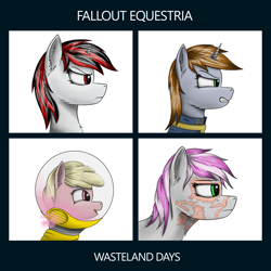 Size: 4000x4000 | Tagged: safe, artist:enteryourponyname, imported from derpibooru, oc, oc:blackjack, oc:hired gun, oc:littlepip, oc:puppysmiles, earth pony, pony, unicorn, fallout equestria, fallout equestria: heroes, fallout equestria: project horizons, angry, bodysuit, canterlot ghoul, clothes, fanfic art, gorillaz, horn, jumpsuit, radiation suit, reference, scar, serious, serious face, small horn, smiling, tired eyes, vault suit