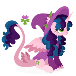 Size: 1024x1024 | Tagged: safe, artist:kabuvee, imported from derpibooru, oc, alicorn, pony, alicorn oc, clothes, cutie mark, female, flower, hat, horn, leonine tail, lineart, mare, simple background, solo, tail, tail wings, transparent background, wings, witch hat