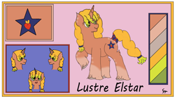 Size: 1192x670 | Tagged: safe, artist:schumette14, imported from derpibooru, oc, oc:lustre elstar, unicorn, magical lesbian spawn, next generation, offspring, parent:applejack, parent:twilight sparkle, parents:twijack, redesign, reference sheet