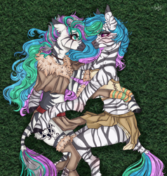 Size: 2000x2100 | Tagged: artist needed, source needed, safe, imported from derpibooru, princess celestia, oc, oc:unise, zebra, canon x oc, celenise, clothes, duo, grass, loincloth, shipping, species swap, tribal, zebra oc, zebrafied