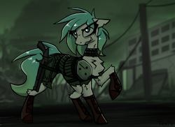 Size: 2045x1487 | Tagged: safe, artist:fenixdust, imported from derpibooru, oc, oc only, oc:gumdrop, earth pony, pony, collar, fallout, female, gun, mare, raider, raider armor, shotgun, weapon