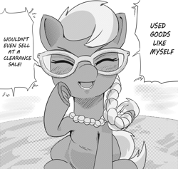 Size: 2280x2160 | Tagged: safe, artist:applephil, imported from derpibooru, silver spoon, earth pony, pony, black and white, eyes closed, female, filly, foal, grayscale, monochrome, open mouth, open smile, sitting, smiling, solo, speech bubble, talking to viewer, underhoof