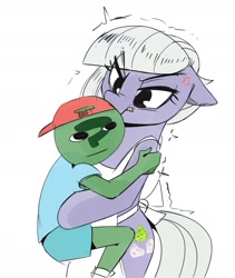 Size: 1637x1944 | Tagged: safe, artist:applephil, imported from derpibooru, limestone pie, oc, oc:anon, earth pony, human, pony, angry, apron, backwards ballcap, baseball cap, bipedal, cap, clothes, cross-popping veins, duo, female, floppy ears, hat, holding a human, limestone pie is not amused, male, mare, simple background, unamused, white background