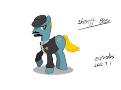 Size: 1890x1417 | Tagged: safe, artist:eastvodka, imported from derpibooru, oc, oc only, oc:sheriff beer, earth pony, clothes, facial hair, hat, male, moustache, simple background, solo, white background, yellow mane