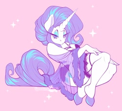 Size: 2048x1871 | Tagged: safe, artist:spookieghoulie, imported from derpibooru, rarity, anthro, unicorn, clothes, eyelashes, female, horn, lingerie, narrowed eyes, pink background, simple background, solo