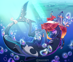 Size: 2727x2320 | Tagged: safe, artist:maximpy, imported from derpibooru, oc, oc only, original species, pony, shark, shark pony, bubble, crepuscular rays, digital art, dorsal fin, fangs, fish tail, high res, jewelry, necklace, ocean, red mane, smiling, solo, sparkles, sunlight, swimming, tail, underwater, water, watermark