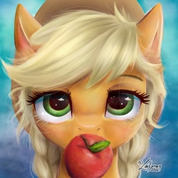 Size: 1000x1000 | Tagged: safe, artist:lailyren, imported from derpibooru, applejack, earth pony, pony, apple, applejack's hat, bust, cowboy hat, cute, female, food, hat, herbivore, jackabetes, looking at you, mouth hold, solo